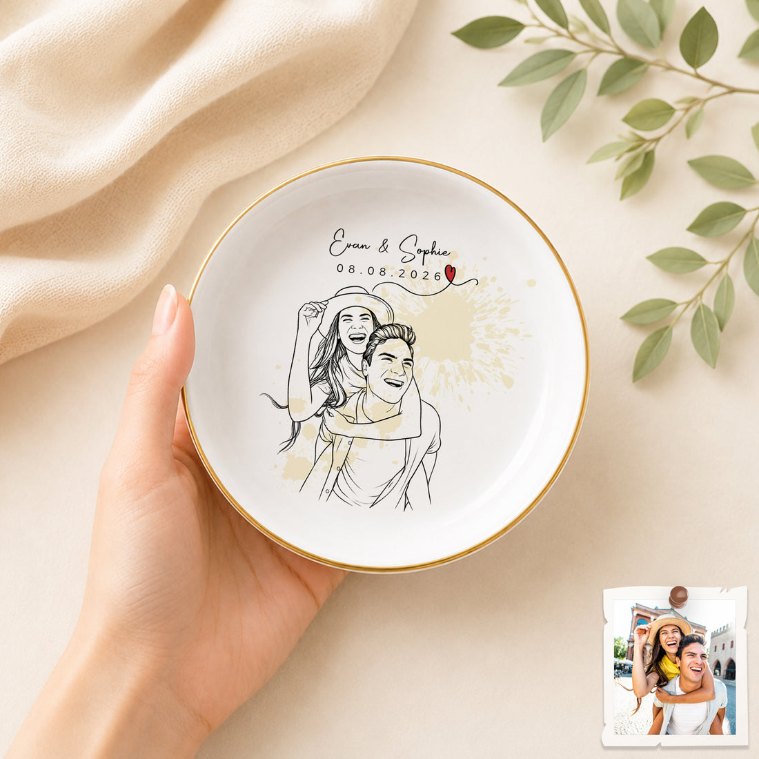 Personalized Young Couple Engagement Detailed Line Art Trinket Dish with Custom Text, Romantic Ring Keepsake Gift