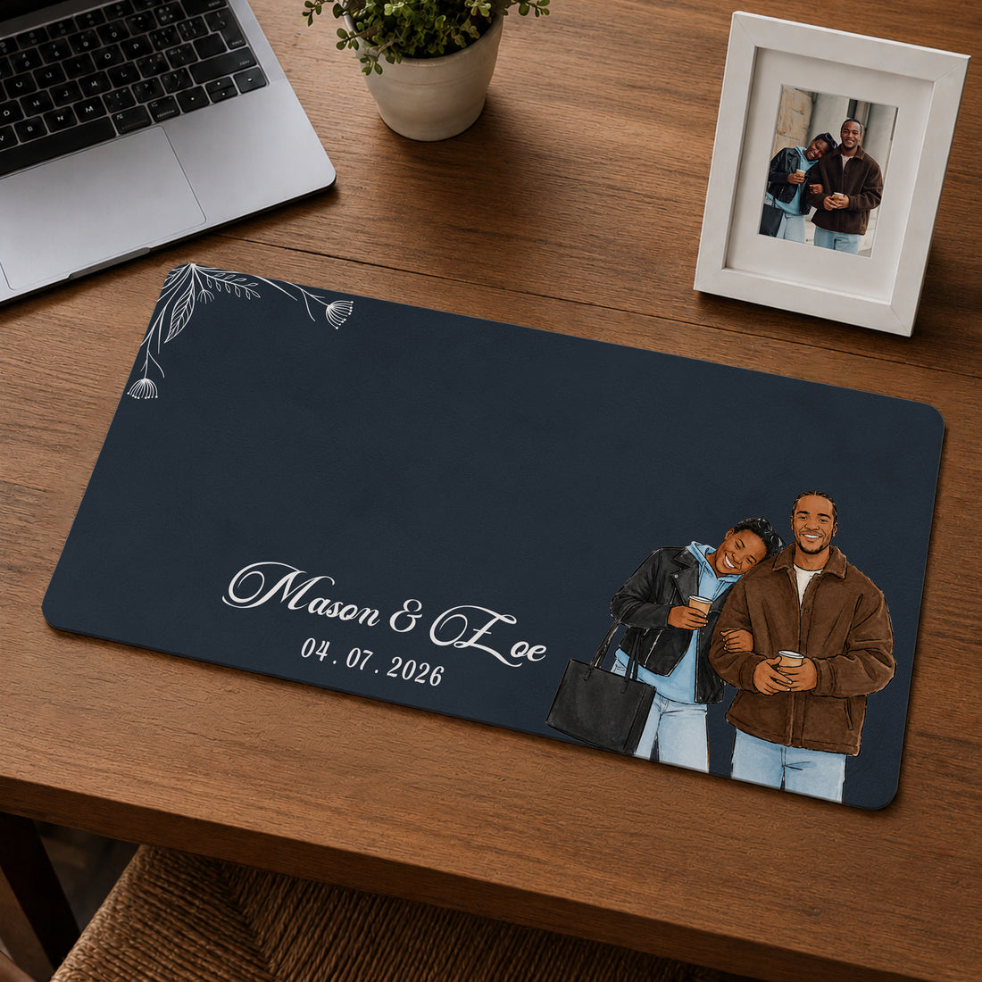 Personalized Couple Photo Watercolor Doodle Desk Mat with Custom Text, Custom Romantic Desk Pad Gift