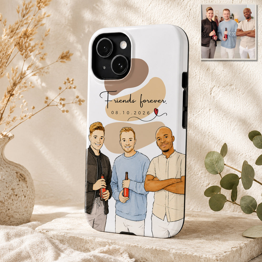 Tough Phone Case for iPhone & Samsung, Personalized Friends Watercolor Doodle Photo Case with Custom Text