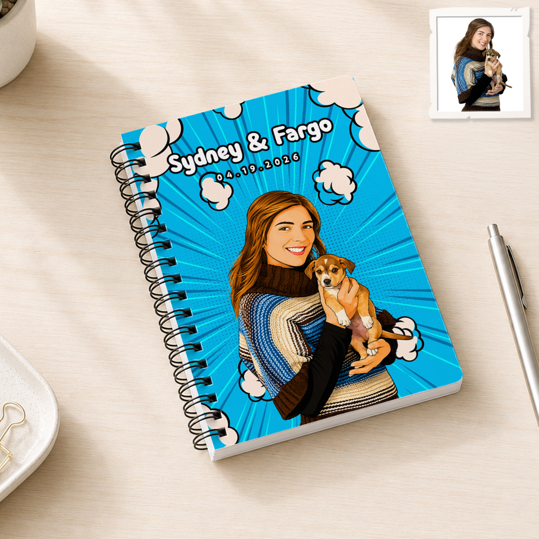 Custom Pet and Owner Pop Art Spiral Bound Journal with Personalized Text, Colorful Pet Portrait Notebook Gift