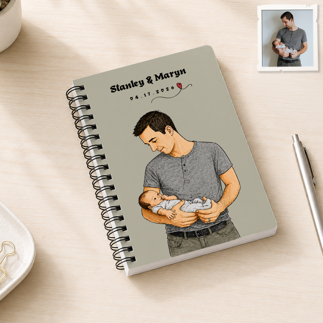 Personalized First Time Dad Sketch Doodle Spiral Bound Journal with Custom Text, Dad and Baby Portrait Keepsake Gift