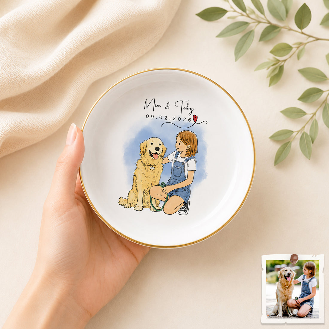 Personalized Dog and Owner Watercolor Doodle Trinket Dish with Custom Text, Custom Pet Lover Keepsake Gift