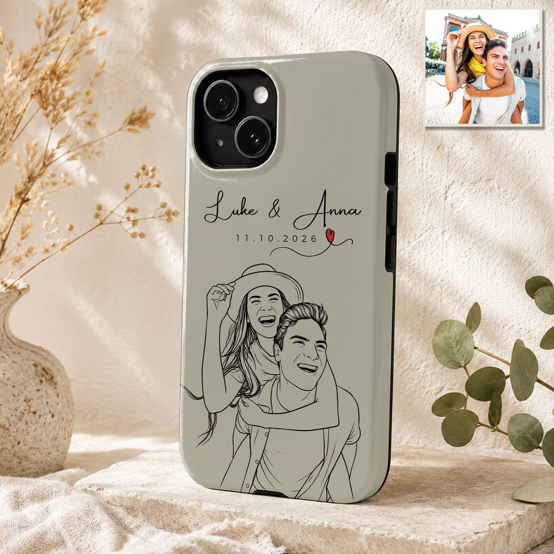 Tough Phone Case for iPhone & Samsung, Personalized Young Couple Anniversary Detailed Line Art Case with Custom Text