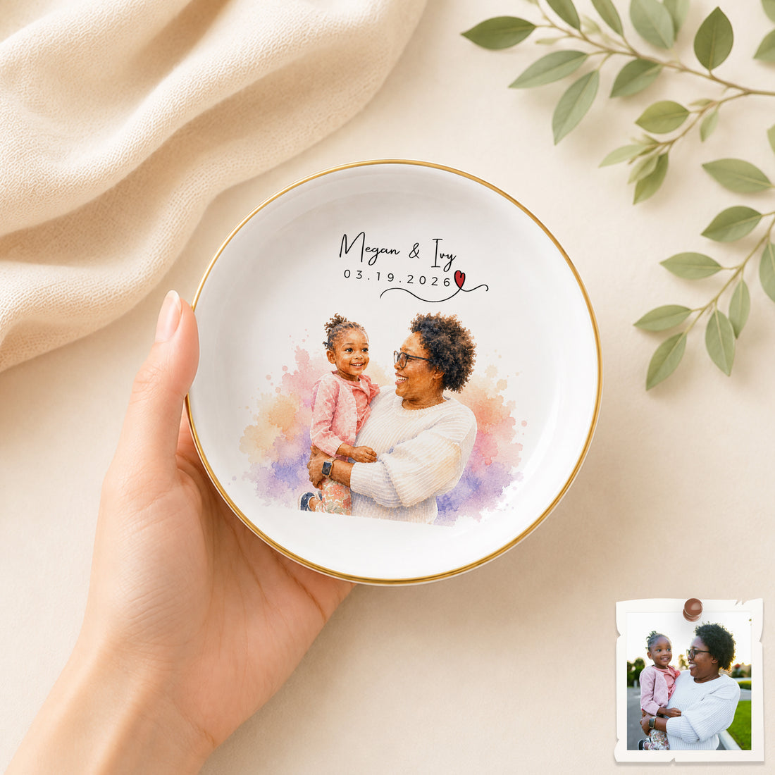 Personalized Mom and Grandma Watercolor Trinket Dish with Custom Text, Family Jewelry Holder Keepsake Gift