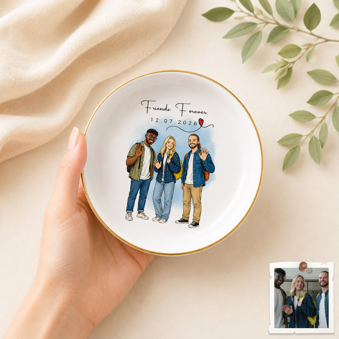 Personalized Friends Sketch Doodle Trinket Dish with Custom Text, Custom Best Friend Jewelry Keepsake Gift