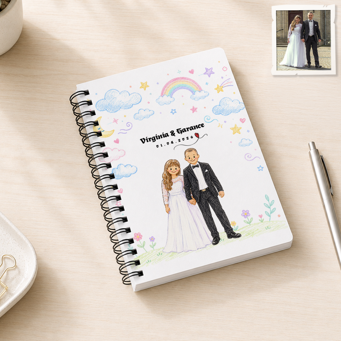 Personalized Wedding Crayon Doodle Spiral Bound Journal with Custom Text, Custom Couple Portrait Notebook Gift