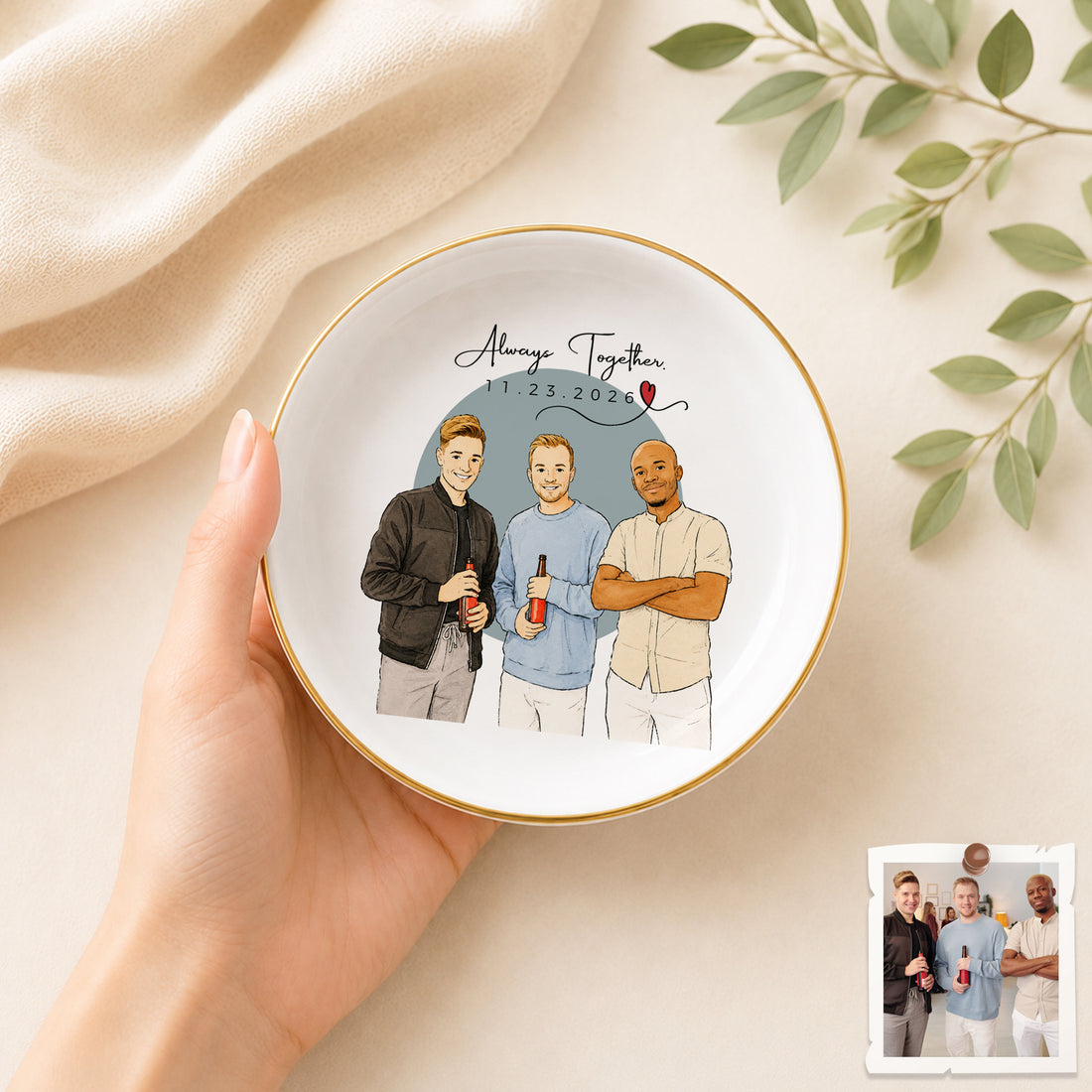 Personalized Friends Watercolor Doodle Trinket Dish with Custom Text, Custom Best Friend Jewelry Keepsake Gift