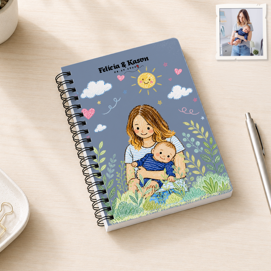 Personalized First Time Mom Crayon Doodle Spiral Bound Journal with Custom Text, New Mom and Baby Portrait Keepsake Gift