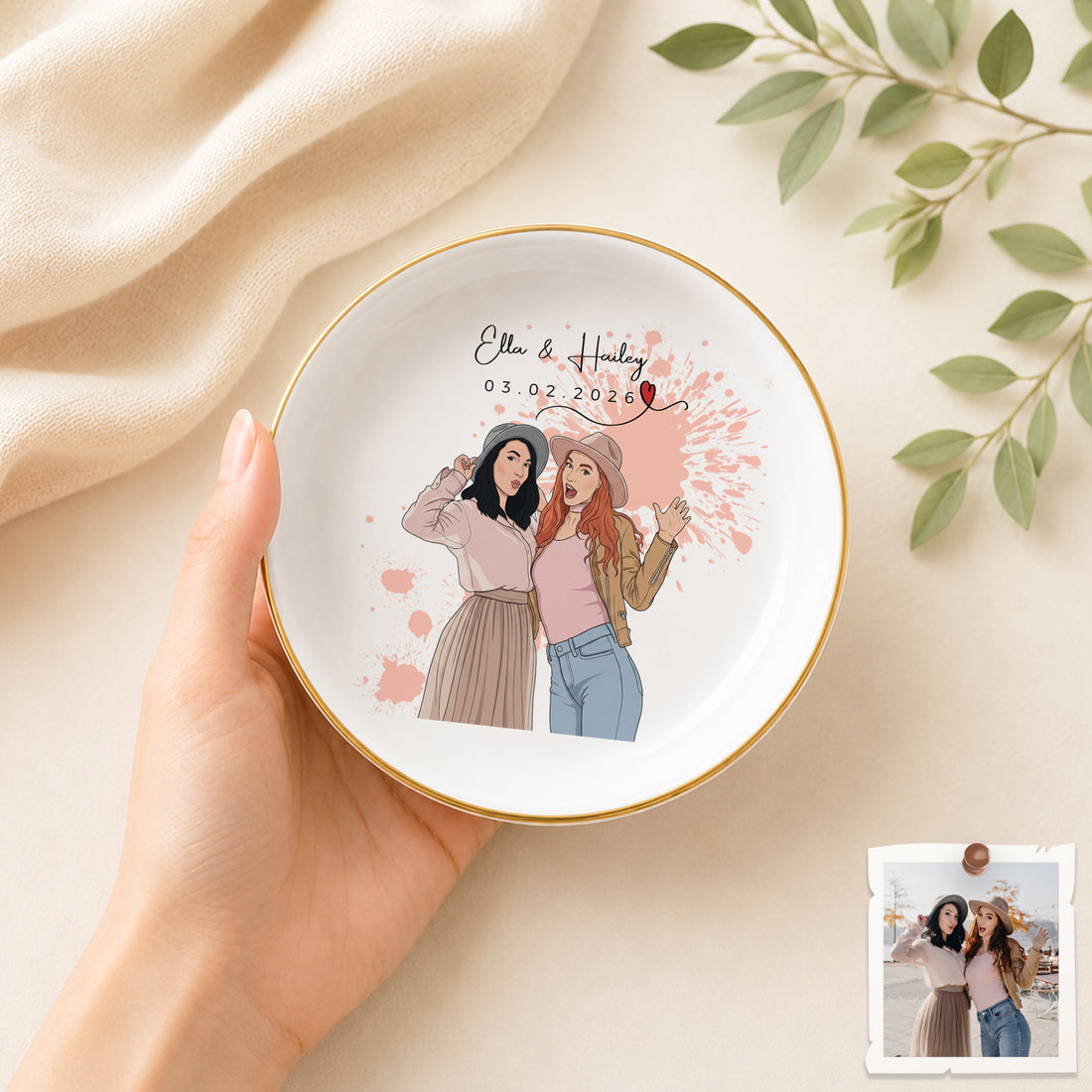 Personalized Friends Photo Illustration Trinket Dish with Custom Text, Custom Best Friend Jewelry Keepsake Gift