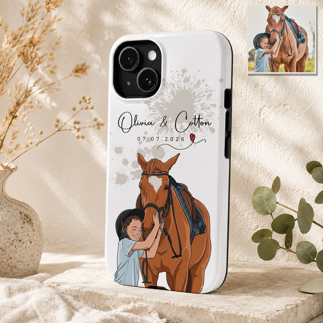 Tough Phone Case for iPhone & Samsung, Custom Pet Owner Portrait Illustration Case with Personalized Text