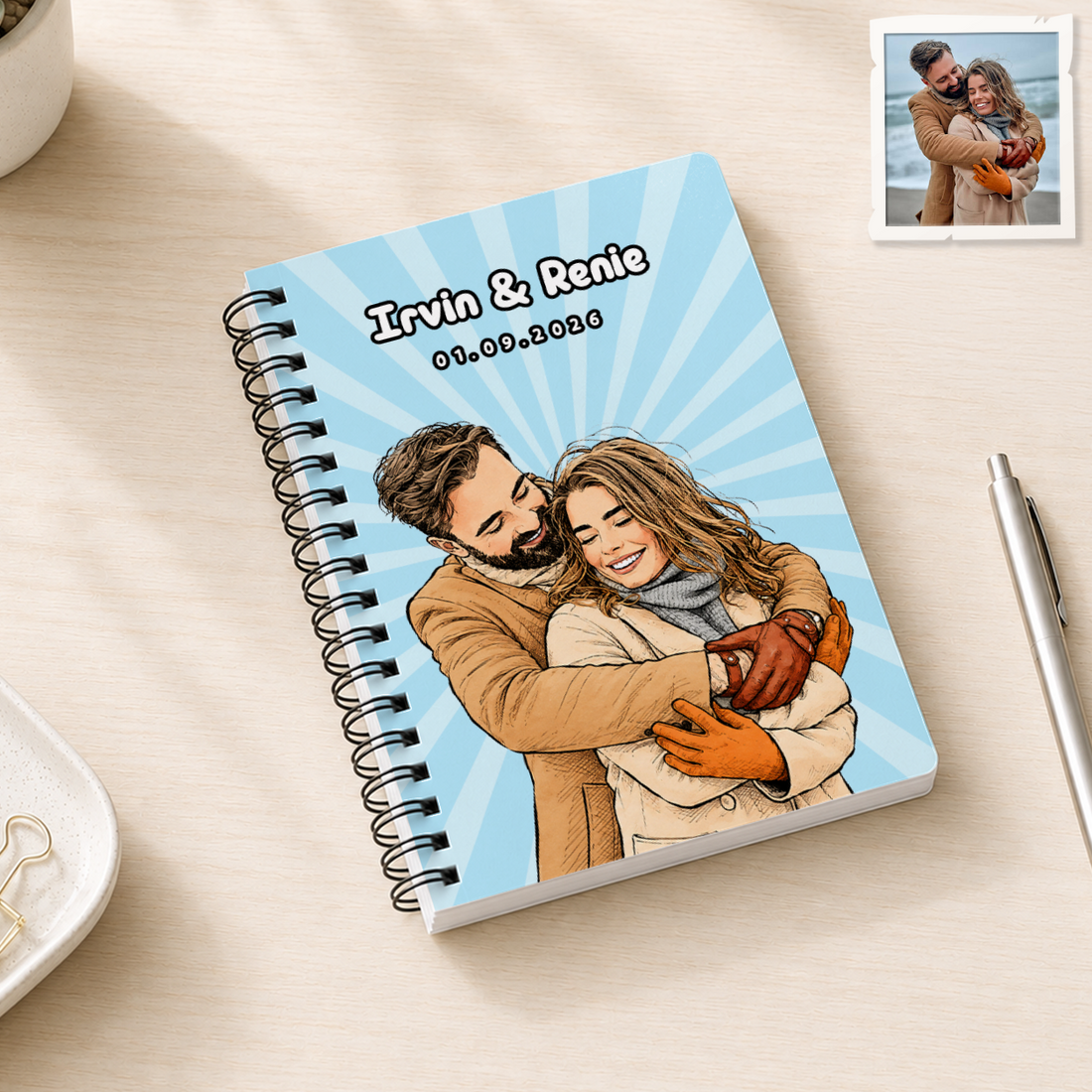 Personalized Young or Older Couple Sketch Doodle Spiral Bound Journal with Custom Text, Custom Couple Portrait Notebook Gift