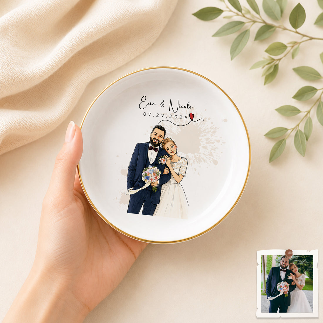 Personalized Wedding Sketch Doodle Trinket Dish with Custom Text, Custom Couple Ring Holder Keepsake Gift