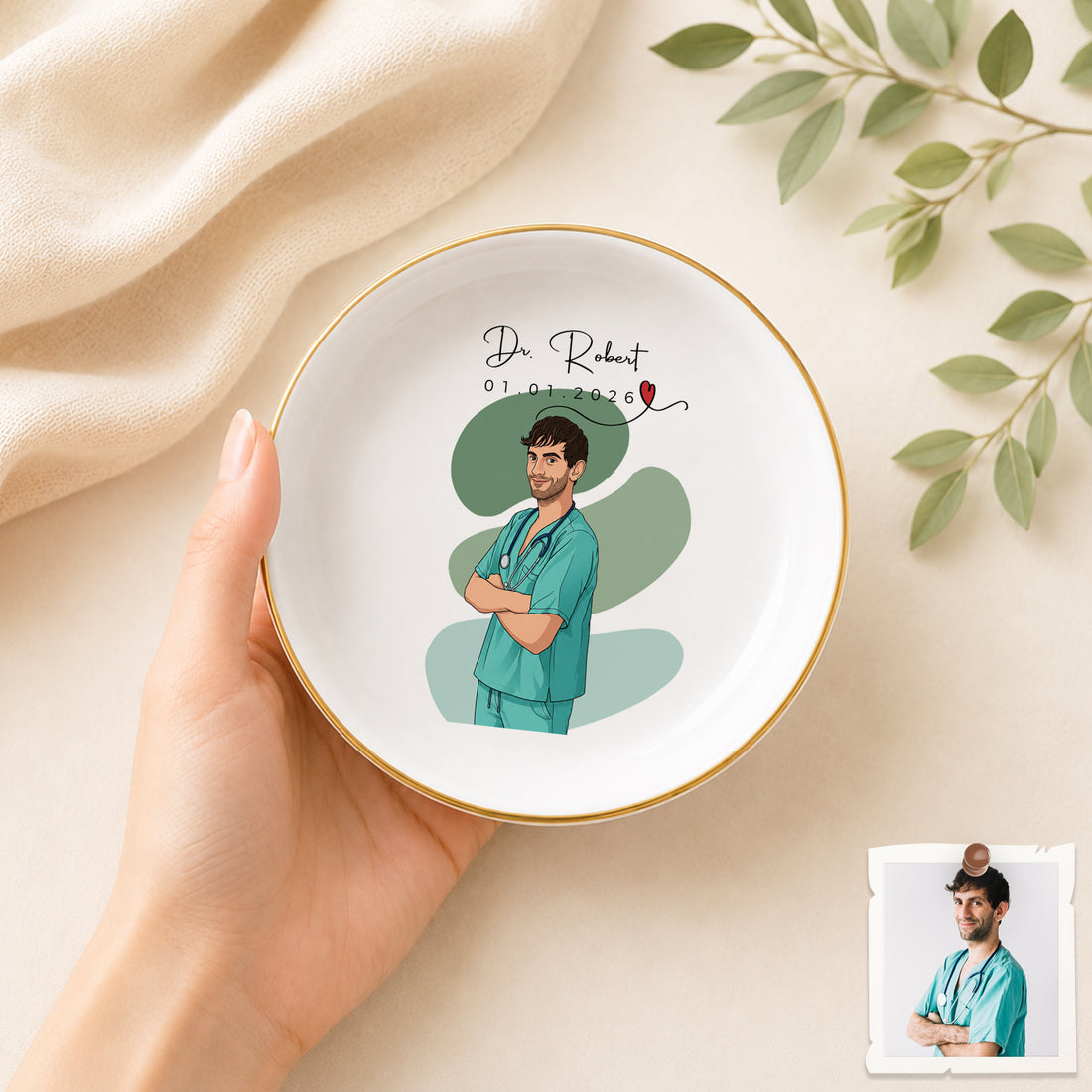 Custom Graduation Photo Illustration Trinket Dish with Personalized Text, Class of Graduate Keepsake Gift