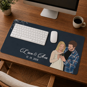 Personalized Engagement Wedding Photo Illustration Desk Mat with Custom Text, Custom Romantic Couple Desk Decor Gift