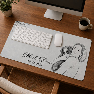 Custom Pet and Owner Photo Detailed Line Art Desk Mat with Personalized Text, Personalized Pet Portrait Desk Pad Gift