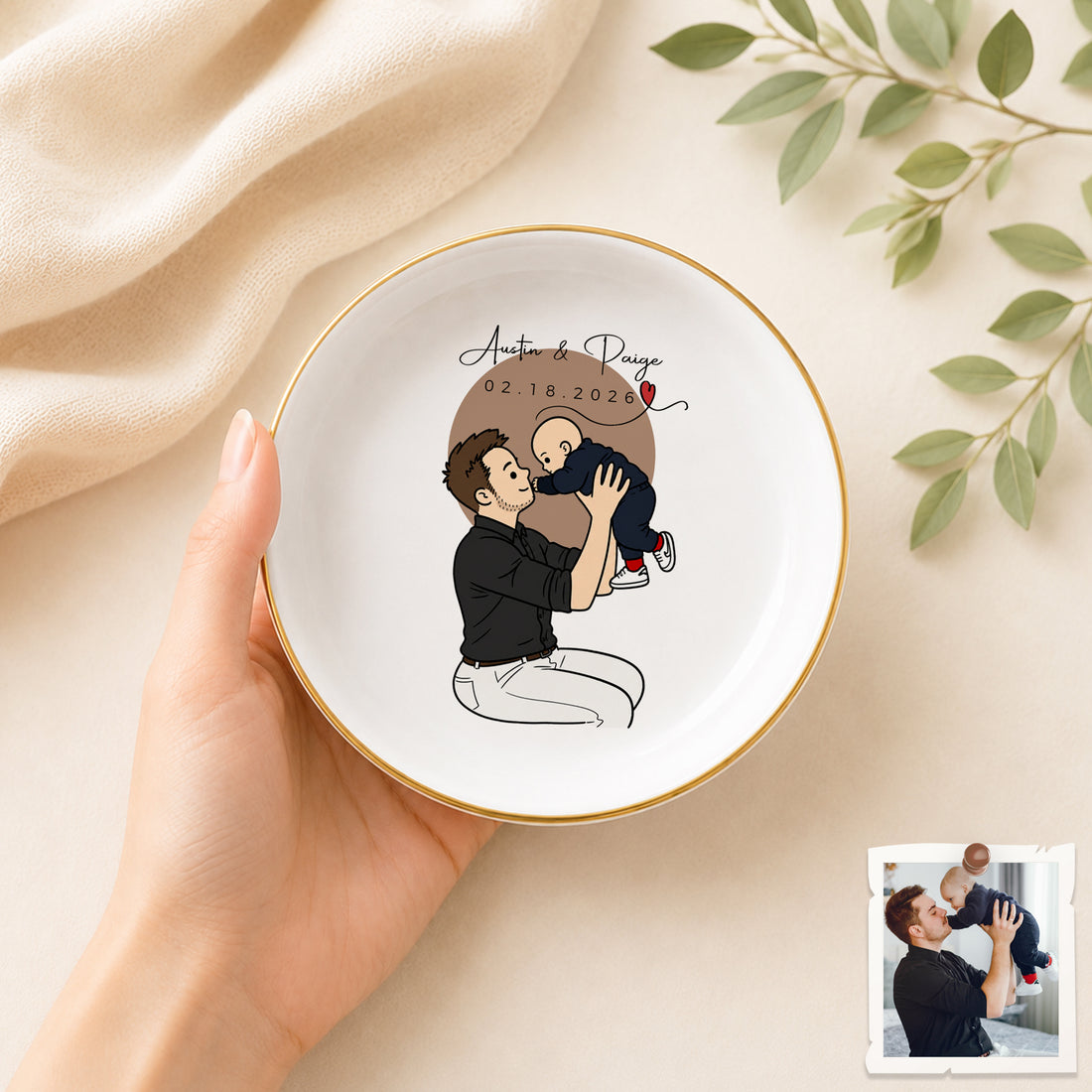 Personalized Baby With Dad Funny Doodle Trinket Dish with Custom Text, First-Time Dad Keepsake Gift