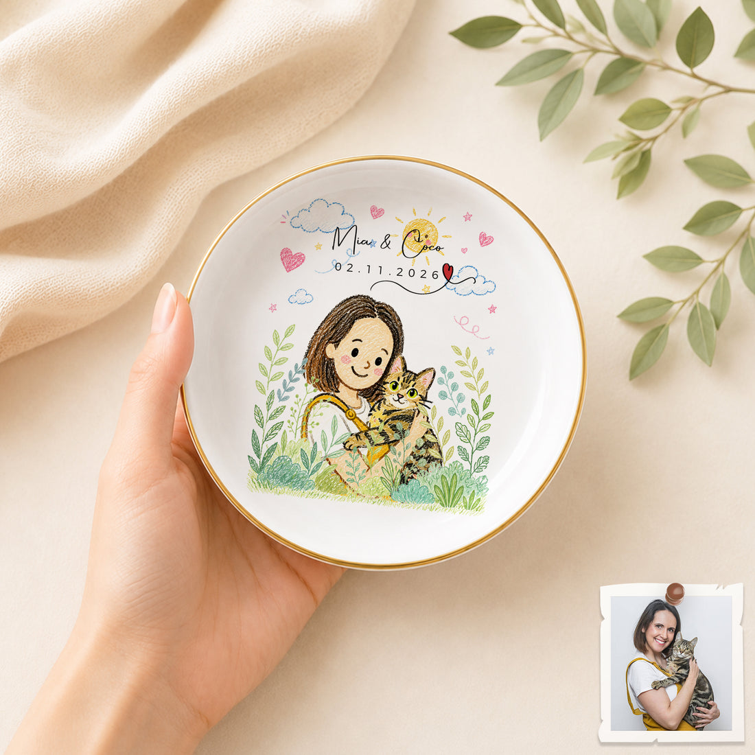 Personalized Pet and Owner Crayon Doodle Trinket Dish with Custom Text, Cute Pet Lover Jewelry Keepsake Gift