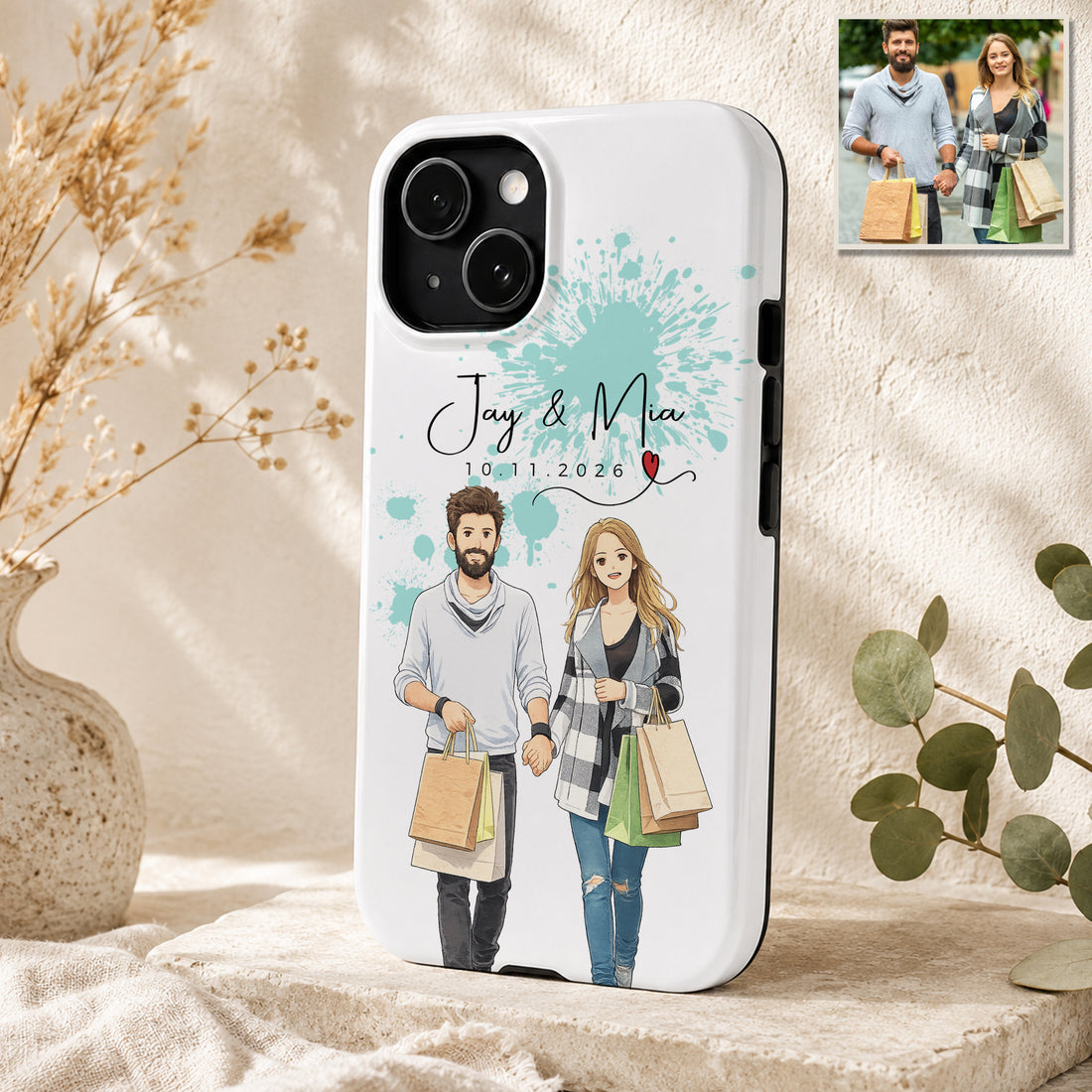 Tough Phone Case for iPhone & Samsung, Personalized Couples Anime Illustration Case with Custom Text