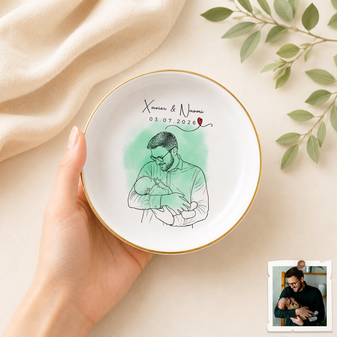 Personalized First-Time Dad and Baby Detailed Line Art Trinket Dish with Custom Text, New Father Keepsake Gift