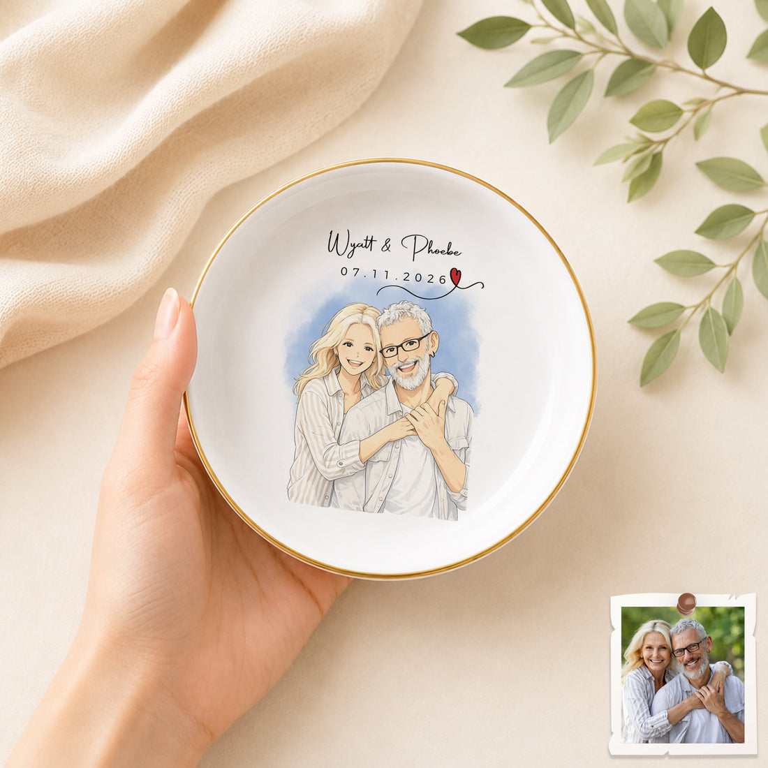 Personalized Engagement Wedding Couple Anime Illustration Trinket Dish with Custom Text, Romantic Anniversary Keepsake Gift