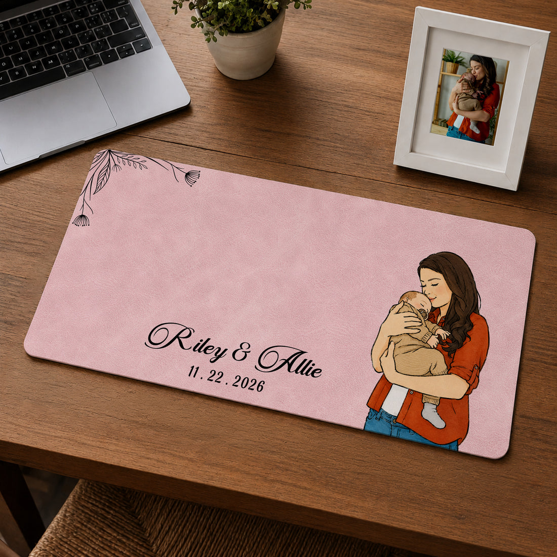 Personalized Baby With Mom Photo Watercolor Doodle Desk Mat with Custom Text, Custom First Time Mom Desk Pad Gift