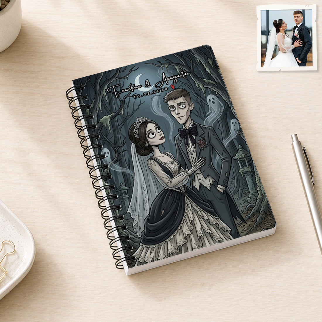 Personalized Gothic Wedding Spiral Bound Journal with Custom Text, Custom Couple Portrait Keepsake Notebook Gift