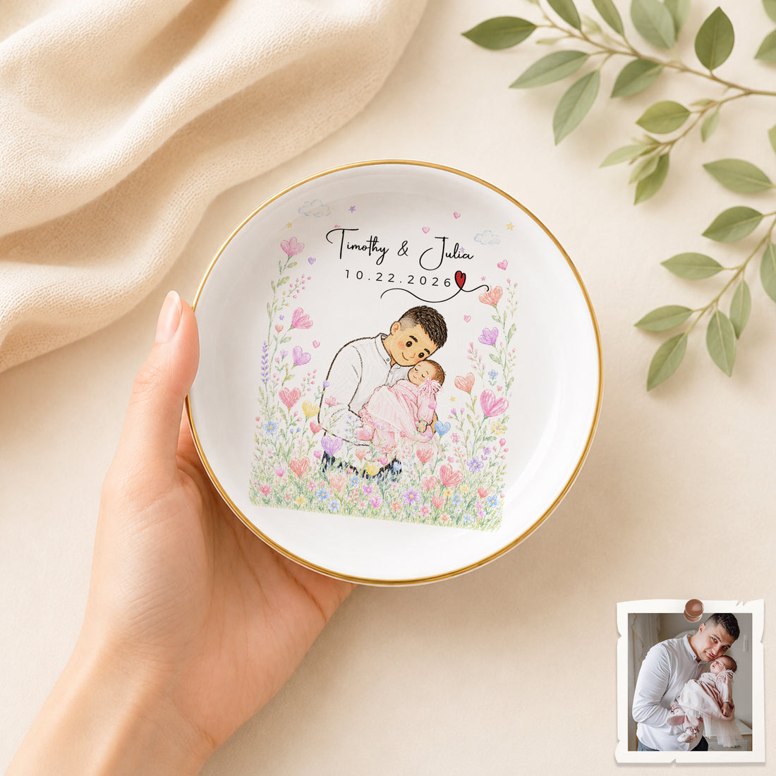 Personalized Baby and Dad Crayon Doodle Trinket Dish with Custom Text, First Time Dad Keepsake Gift