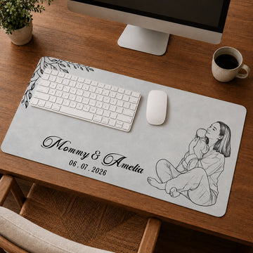 Personalized Baby With Mom Detailed Line Art Desk Mat with Custom Text, Custom First Time Mother Desk Pad Gift