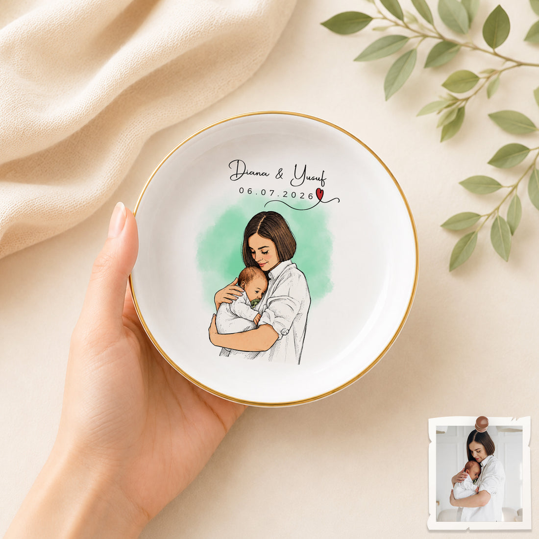Personalized Baby With Mom Sketch Doodle Trinket Dish with Custom Text, First-Time Mom Keepsake Gift