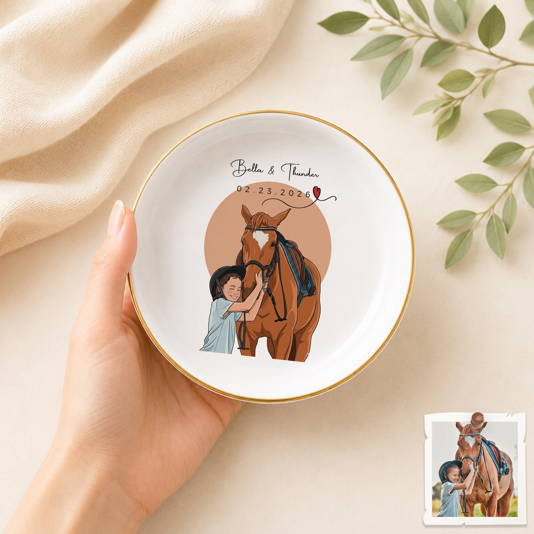 Personalized Pet Owner Photo Illustration Trinket Dish with Custom Text, Custom Pet Lover Keepsake Gift