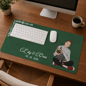 Custom Pet & Owner Photo Illustration Desk Mat with Personalized Text, Custom Pet Parent Desk Decor Gift