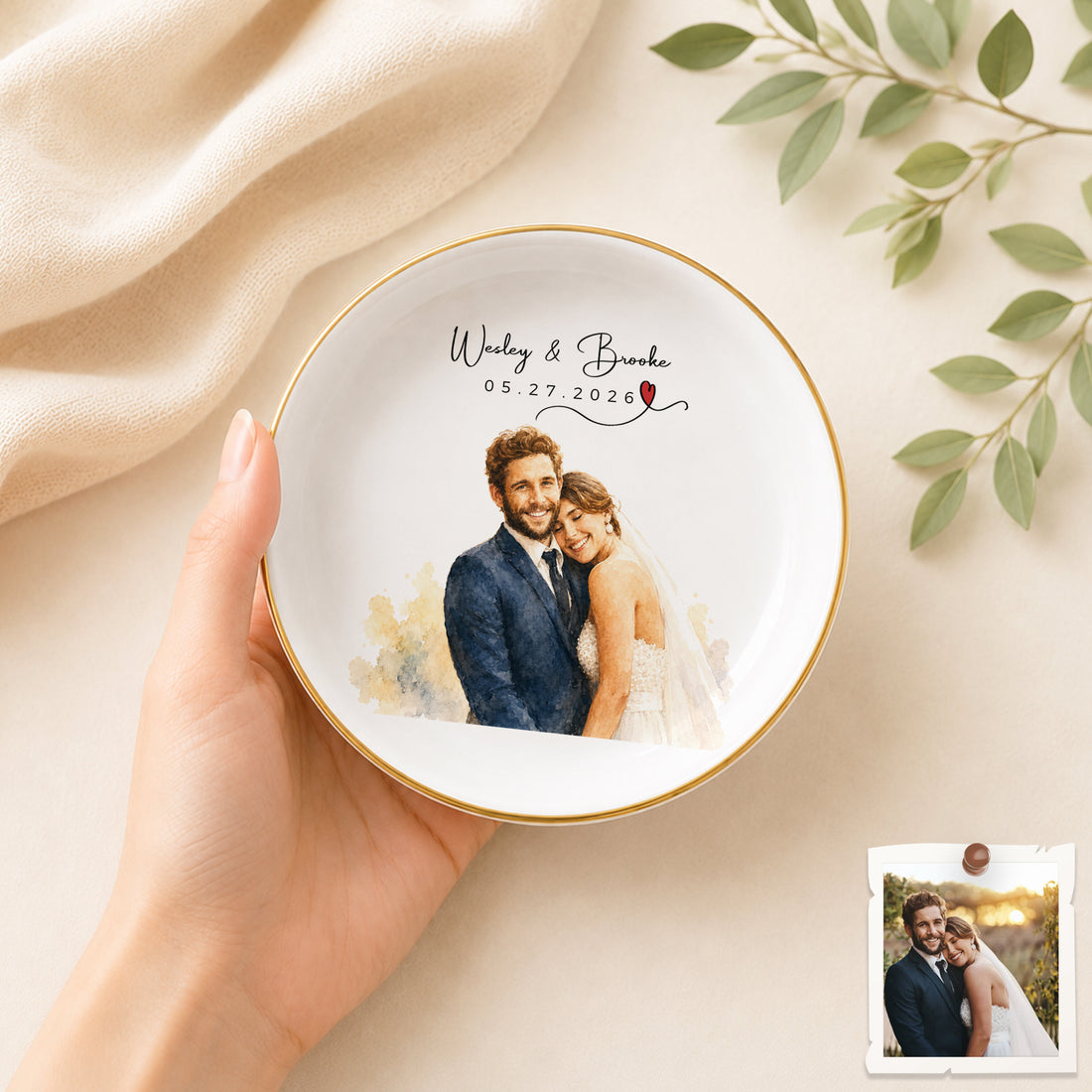 Personalized Wedding and Engagement Watercolor Trinket Dish with Custom Text, Romantic Couple Ring Holder Keepsake Gift