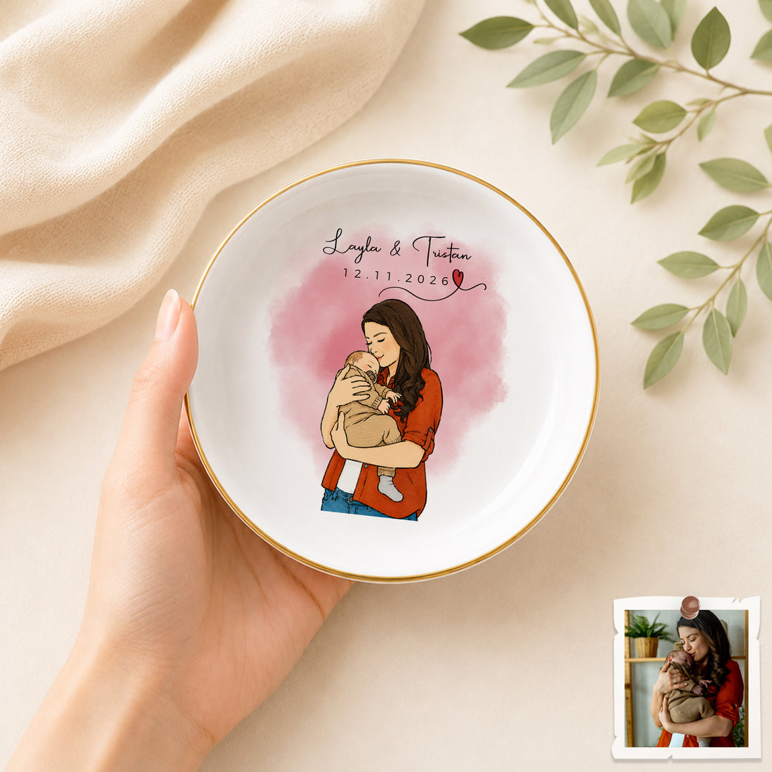 Personalized Baby With Mom Watercolor Doodle Trinket Dish with Custom Text, First-Time Mom Keepsake Gift
