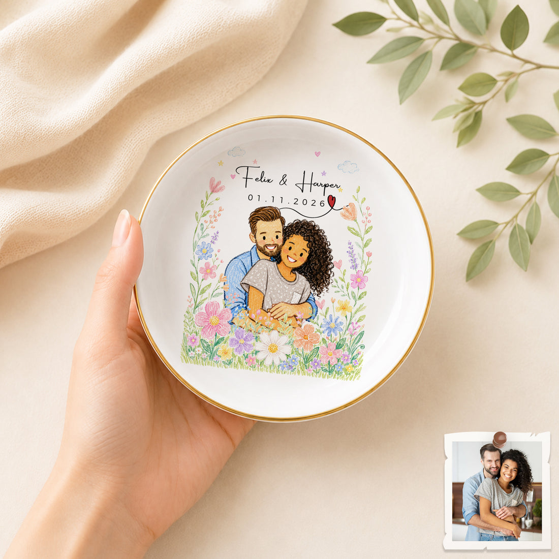 Personalized Couple Anniversary Crayon Doodle Trinket Dish with Custom Text, Romantic Jewelry Keepsake Gift