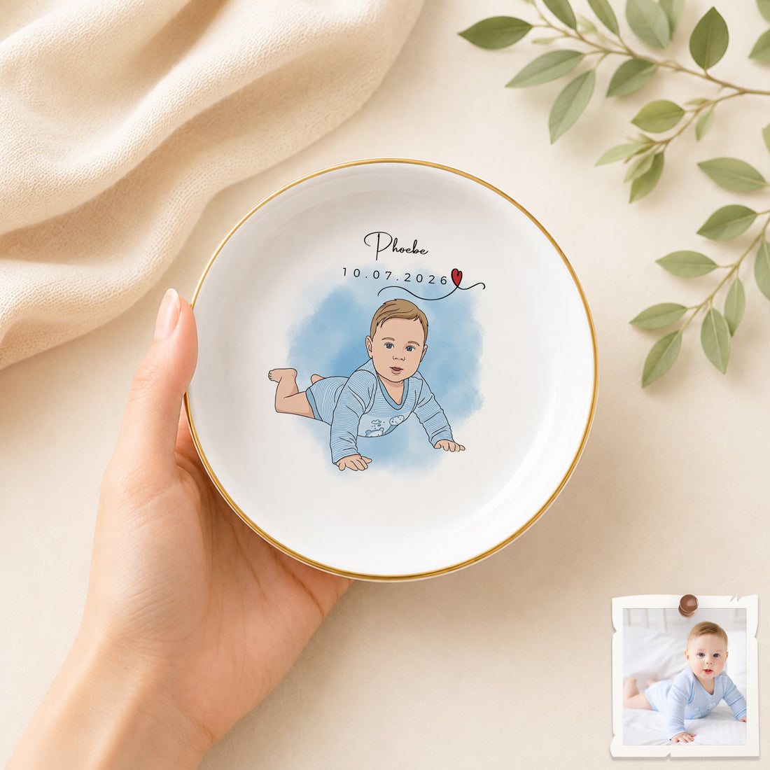 Personalized Baby Photo Illustration Trinket Dish with Custom Text, Custom Newborn Keepsake Jewelry Holder Gift