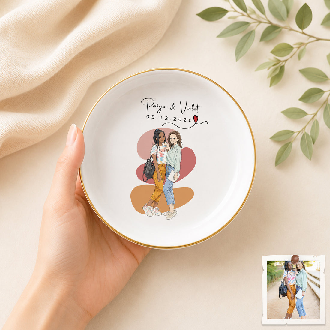 Personalized Friends Anime Illustration Trinket Dish with Custom Text, Custom Best Friend Jewelry Keepsake Gift