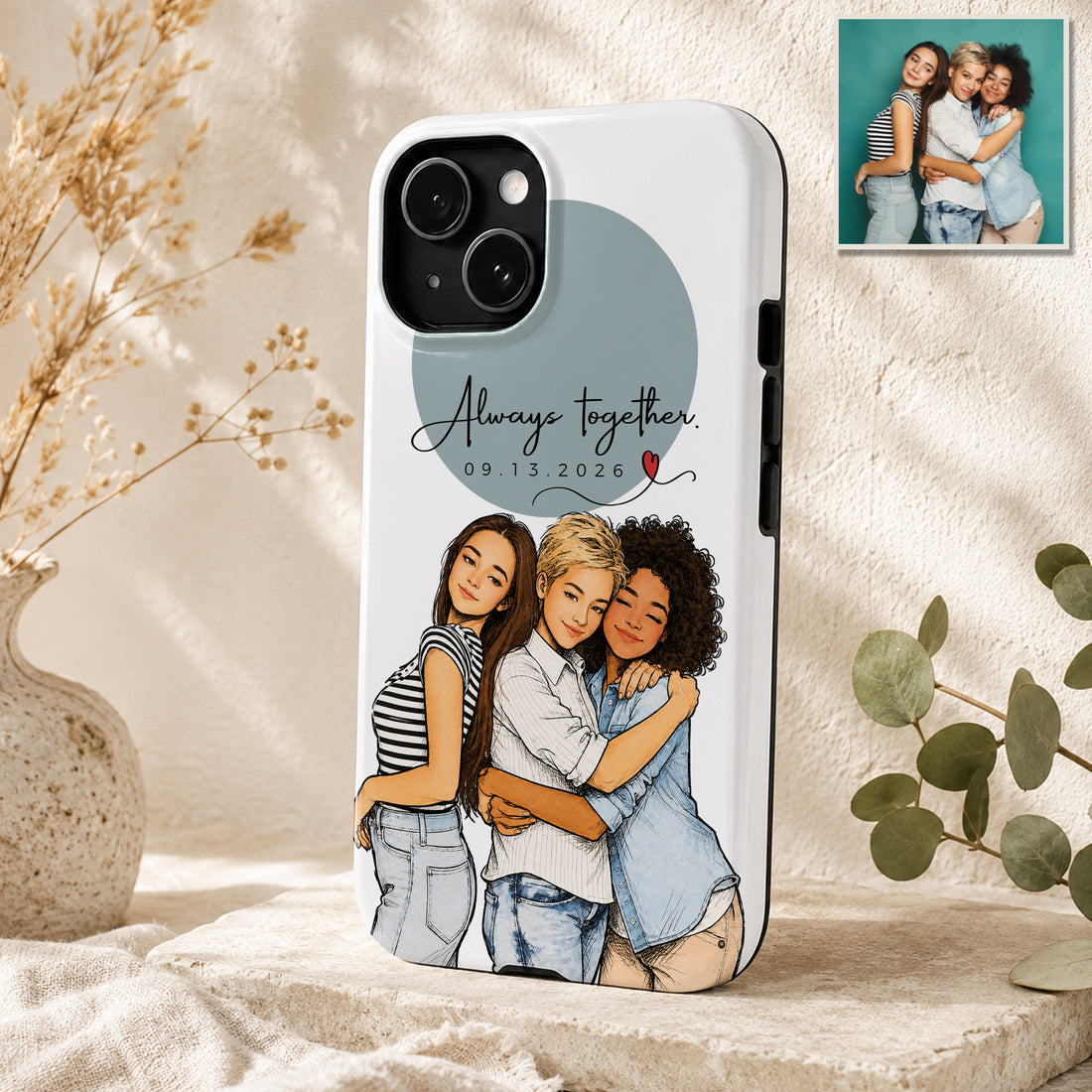 Tough Phone Case for iPhone & Samsung, Personalized Friends Sketch Doodle Photo Case with Custom Text