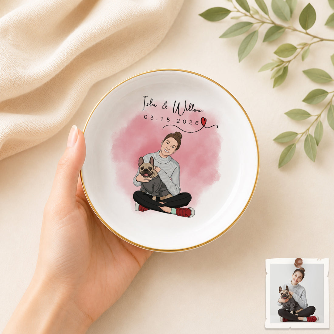 Custom Pet and Owner Photo Illustration Trinket Dish with Personalized Text, Pet Lover Jewelry Keepsake Gift