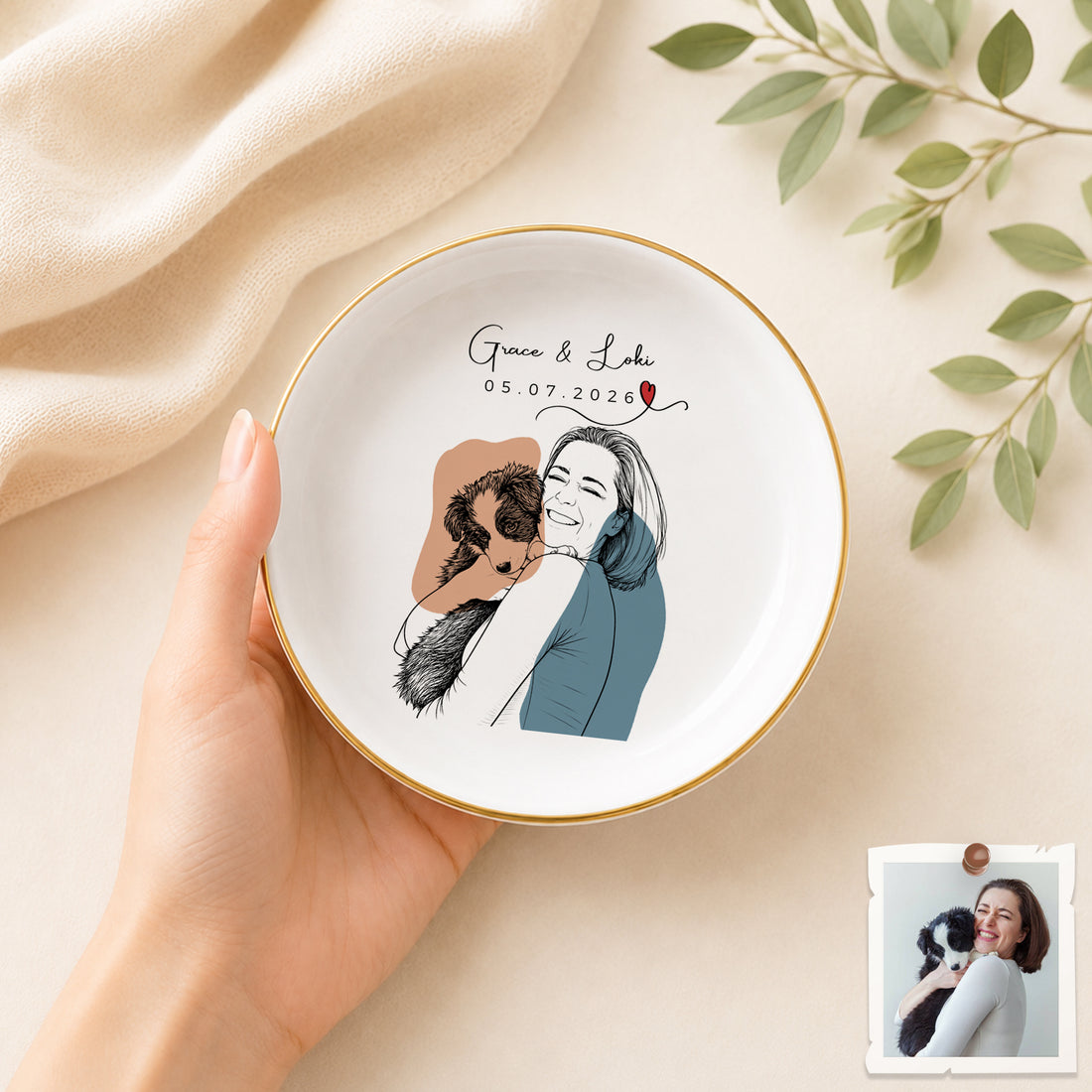 Custom Dog Cat and Owner Detailed Line Art Trinket Dish with Personalized Text, Pet Lover Jewelry Keepsake Gift