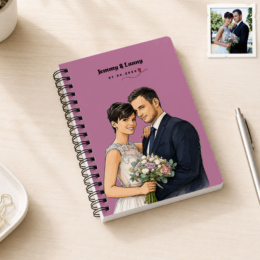 Personalized Wedding Sketch Doodle Spiral Bound Journal with Custom Text, Custom Wedding Portrait Notebook Gift