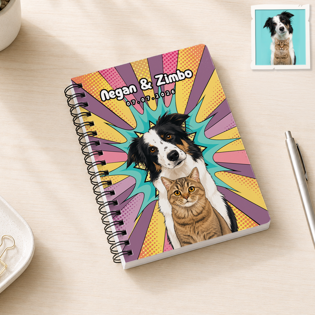 Personalized Pet Pop Art Spiral Bound Journal with Custom Text, Custom Pet Portrait Notebook Gift