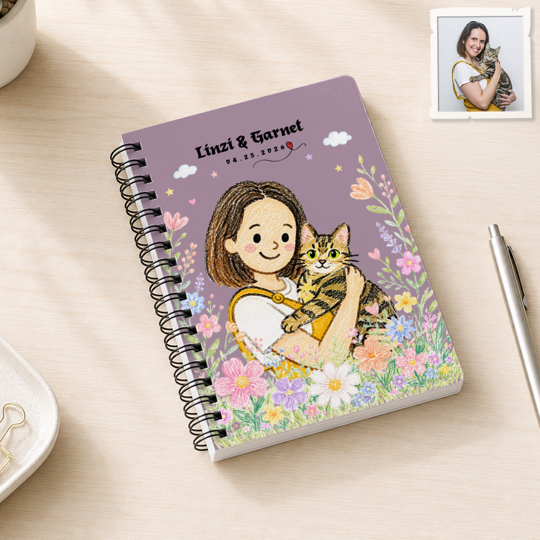 Personalized Pet and Owner Crayon Doodle Spiral Bound Journal with Custom Text, Custom Pet Portrait Notebook Gift