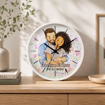 Personalized Couple Crayon Doodle Wall Clock with Custom Text, Custom Couple Portrait Home Decor Gift