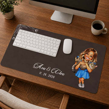 Custom Pet & Owner Photo Caricature Desk Mat with Personalized Text, Funny Pet Lover Desk Pad Gift