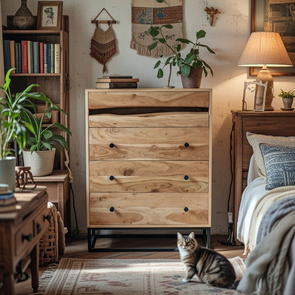 Chest of Drawers Solid Wood and Iron 70 × 105 × 40 cm Natural Finish Aron Design
