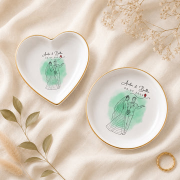 Personalized Wedding Detailed Line Art Trinket Dish with Custom Text, Custom Couple Ring Holder Keepsake Gift
