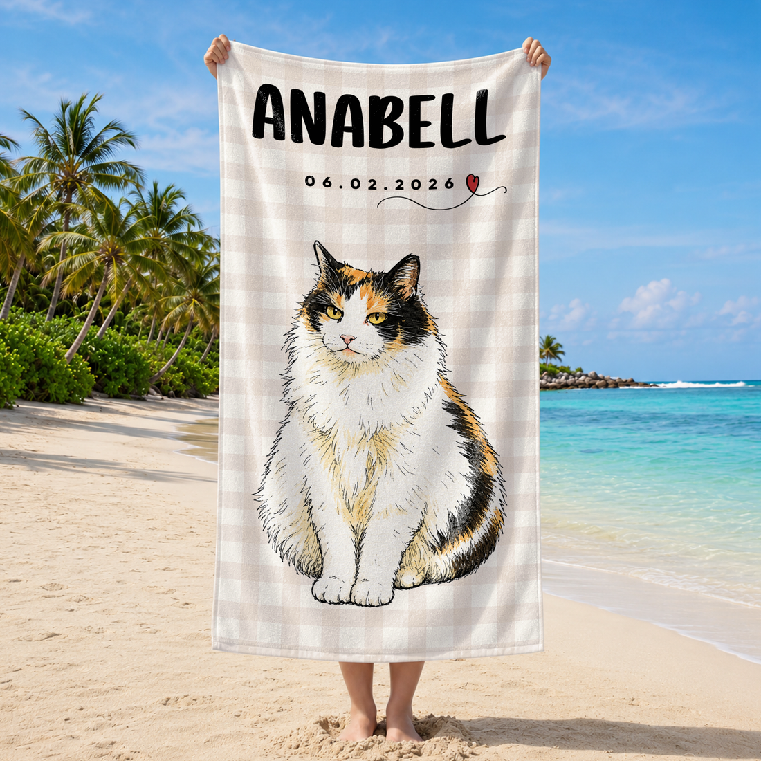 Personalized Pet Sketch Doodle Beach Towel with Custom Text, Cute Dog or Cat Summer Keepsake Gift