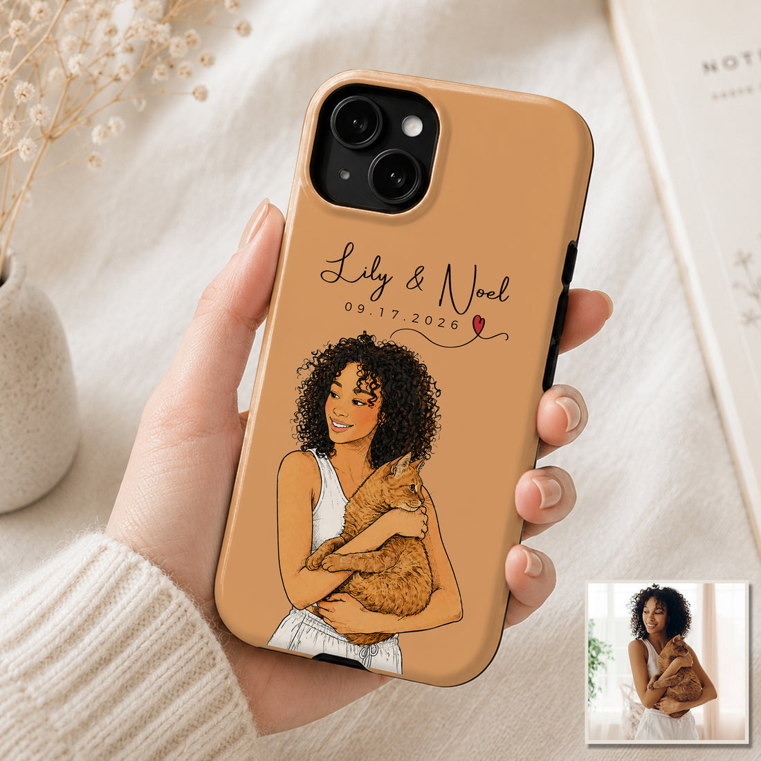 Tough Phone Case for iPhone & Samsung, Personalized Cat and Owner Sketch Doodle Photo Case with Custom Text