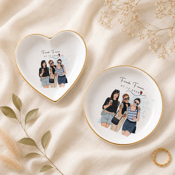 Personalized Friends Photo Illustration Trinket Dish with Custom Text, Custom Best Friend Jewelry Keepsake Gift