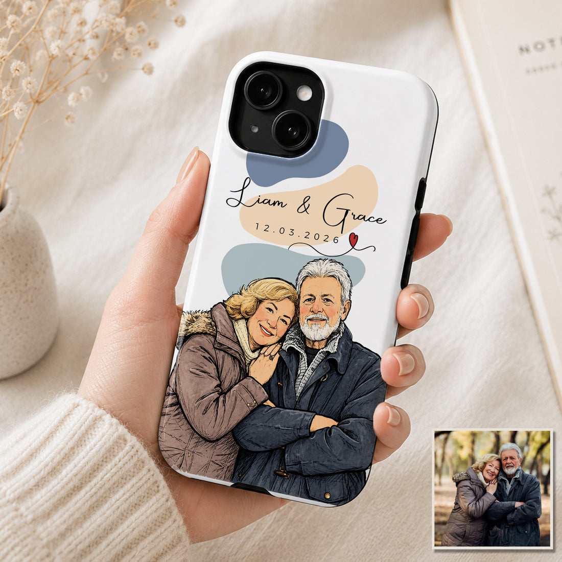 Tough Phone Case for iPhone & Samsung, Personalized Couple Sketch Doodle Photo Case with Custom Text